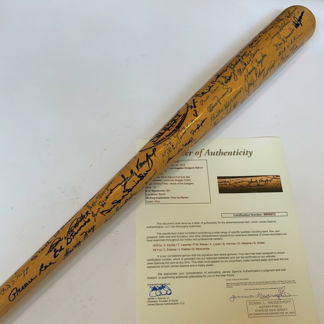 Brooklyn Dodgers Multi Signed Bat with 90+ Signatures JSA COA: Brooklyn Dodgers Multi Signed Bat with 90+ Signatures JSA COA This remarkable Louisville Slugger "Ebbets Field" commemorative bat is a must-have for any baseball memorabilia collector. It features ove