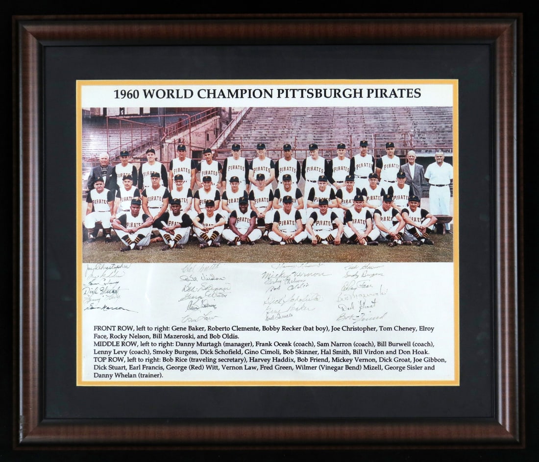 1960 Pittsburgh Pirates Signed Framed 16x20 Photo with PSA DNA Authentication: 1960 Pittsburgh Pirates Signed Framed 16x20 Photo with PSA DNA Authentication Celebrate the historic 1960 Pittsburgh Pirates World Series Championship with this signed framed 16x20 photo. This remarka