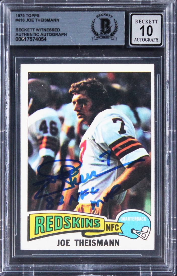 Joe Theismann Signed 1975 Topps #416 Card Gem Mint 10 BAS Authentic 83 NFL MVP (1 of 2)