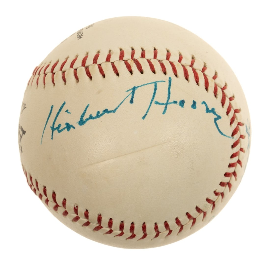 Herbert Hoover Signed Baseball with Clark Griffith PSA/DNA MINT 9: Herbert Hoover Signed Baseball with Clark Griffith PSA/DNA MINT 9 This exceptional baseball is signed by President Herbert Hoover and Hall of Famer Clark Griffith, both in bold blue ink on separate si