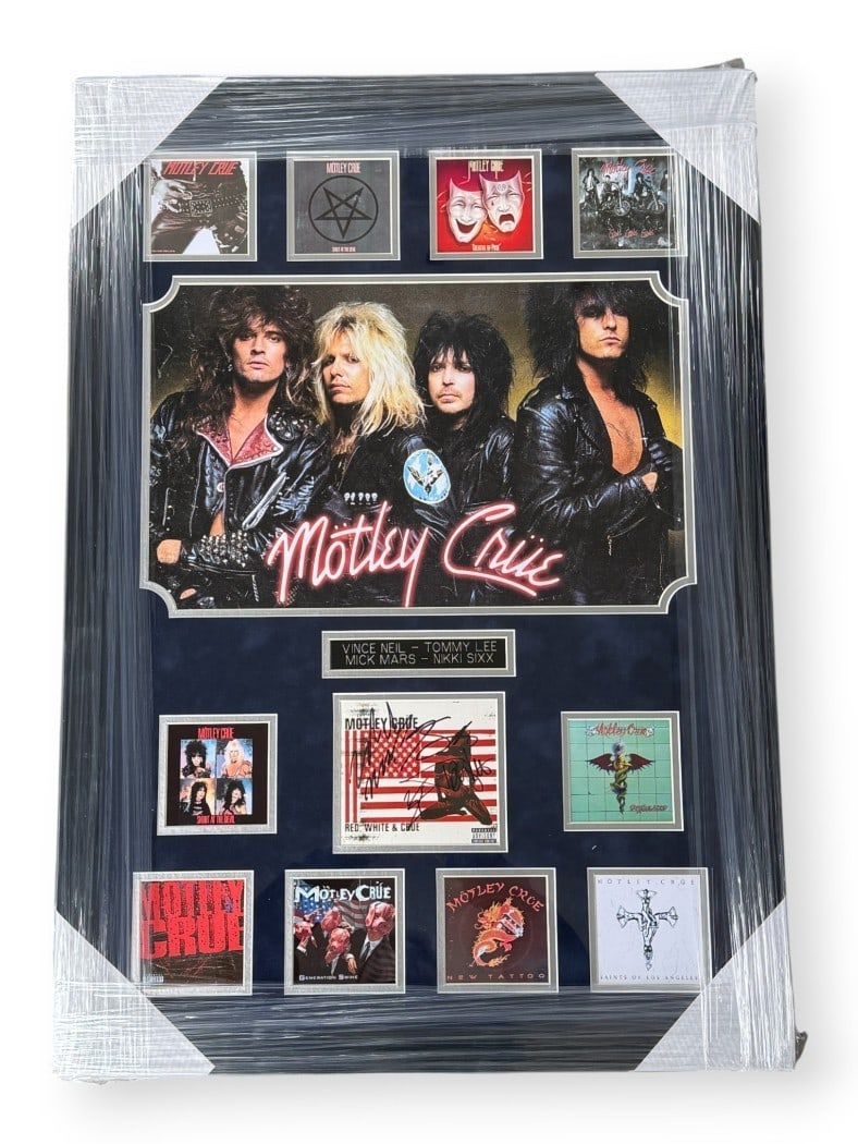 Motley Crue Framed Signed CD Cover Beckett Authenticated Vince Neil Tommy Lee Nikki Sixx Mick Mars: Motley Crue Framed Signed CD Cover Beckett Authenticated Vince Neil Tommy Lee Nikki Sixx Mick Mars This is an original framed CD cover from the iconic band Motley Crue, featuring the signatures of Vin