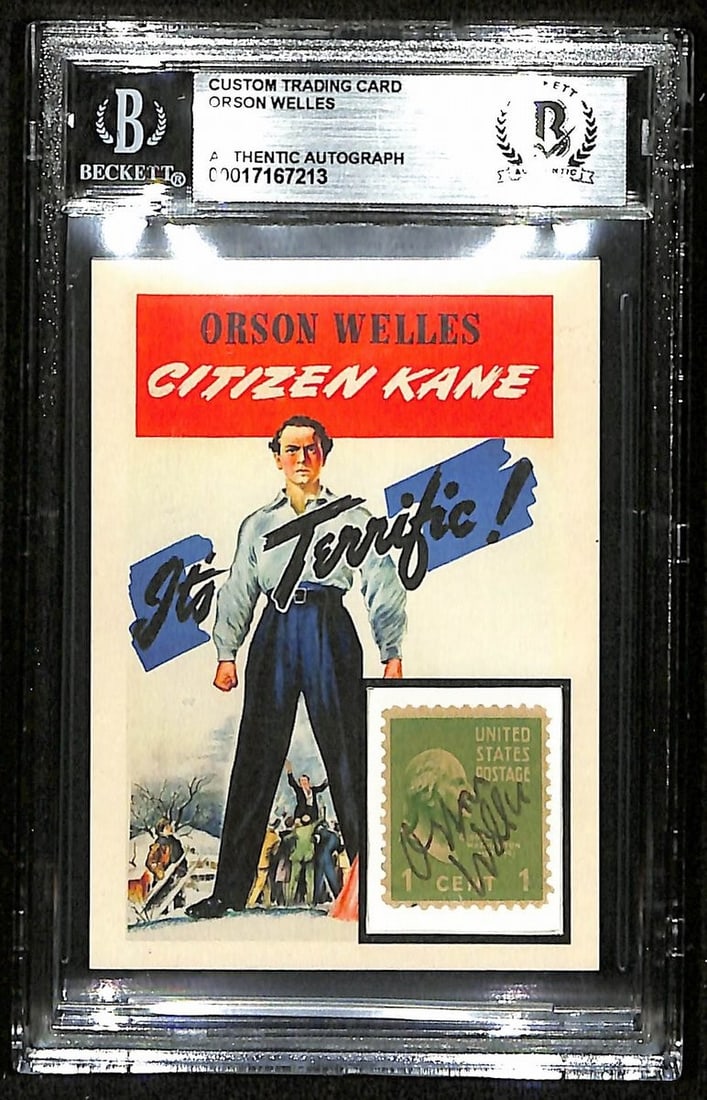 Orson Welles Signed Citizen Kane Custom Trading Card Beckett Authenticated 2.5x3.5: Orson Welles Signed Citizen Kane Custom Trading Card Beckett Authenticated 2.5x3.5 This offering features a signed custom trading card of Orson Welles from the iconic film Citizen Kane. Measuring 2.5x