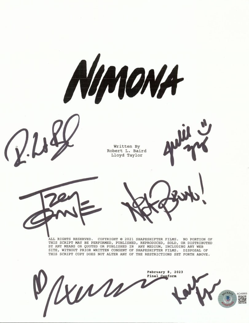 Nimona Crew Autographed Script Cover Page Beckett Authenticated: Nimona Crew Autographed Script Cover Page Beckett Authenticated This Nimona Crew signed autographed script cover page is a unique collectible for fans and enthusiasts. It features the signatures of no