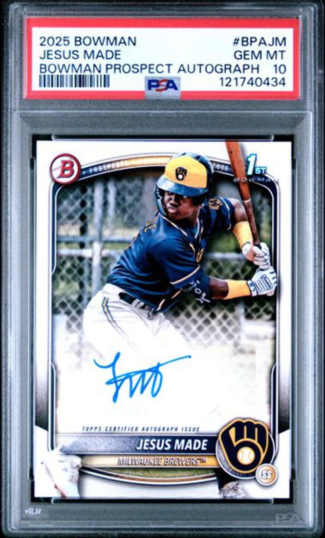 2025 Topps Bowman Jesus Made Autograph Rookie Card PSA 10: 2025 Topps Bowman Jesus Made Autograph Rookie Card PSA 10 This is a graded 2025 Topps Bowman Jesus Made #BPAJM Paper Autograph Rookie RC card, receiving a perfect grade of 10 from Professional Sports