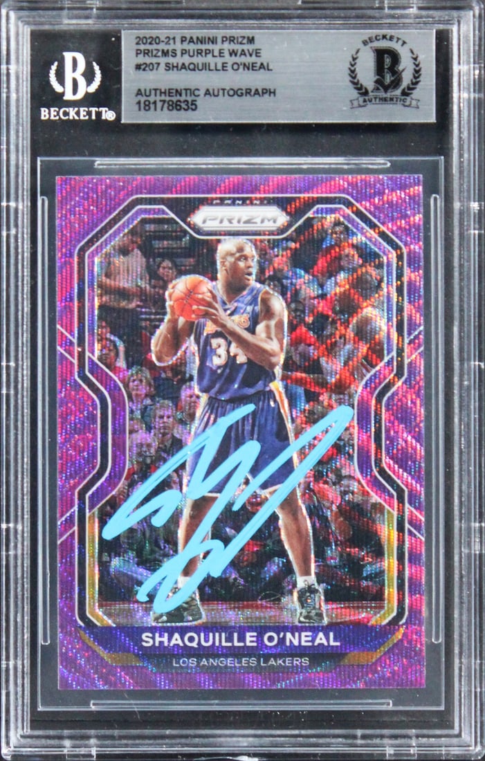 Shaquille O'Neal Autographed 2020 Panini Prizm Purple Wave #207 Card Beckett Slab (1 of 2)
