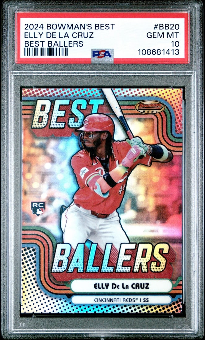 2024 Bowmans Best Elly De La Cruz #BB20 PSA 10 Baseball Card: 2024 Bowmans Best Elly De La Cruz #BB20 PSA 10 Baseball Card This is a graded 2024 Bowman's Best Elly De La Cruz #BB20 Best Ballers baseball card, featuring the talented Cincinnati Reds player. The ca