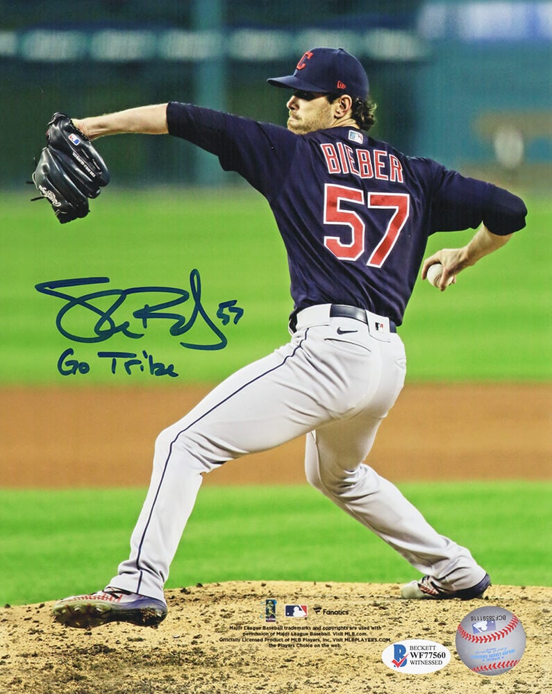 Shane Bieber Signed 8x10 Indians Photo with Go Tribe Inscription Beckett Authenticated (1 of 1)