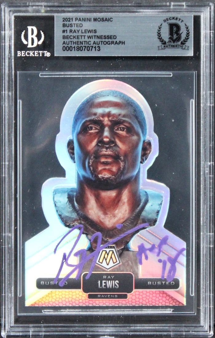 Ray Lewis Signed 2021 Panini Mosaic Busted #1 Card HOF 18 Beckett Slabbed (1 of 2)