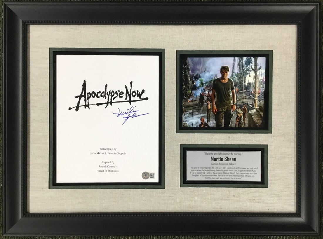 Martin Sheen Signed Apocalypse Now Script Framed Display BAS Authenticated: Martin Sheen Signed Apocalypse Now Script Framed Display BAS Authenticated This professionally framed display features an original movie script cover from 'Apocalypse Now,' signed by the legendary act