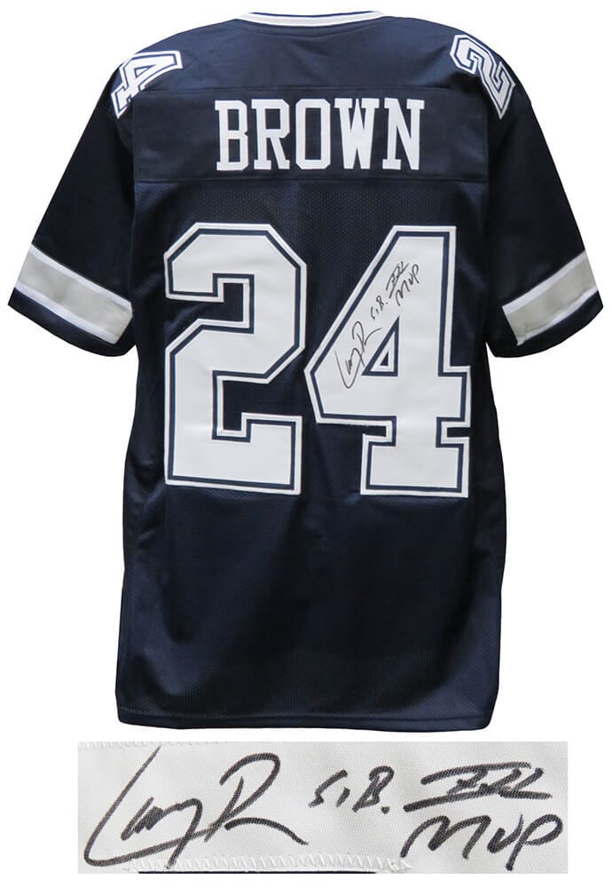 Larry Brown Signed Navy Jersey SB XXX MVP Dallas Cowboys COA (1 of 2)