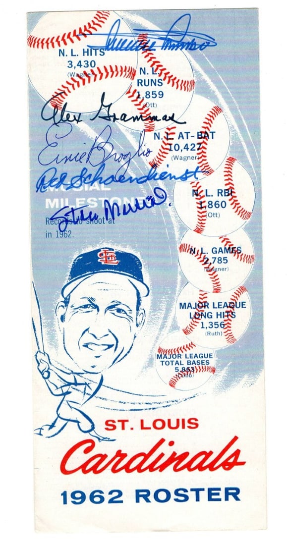 1962 Cardinals Roster Card Signed by Musial Schoendienst Minoso JSA (1 of 3)