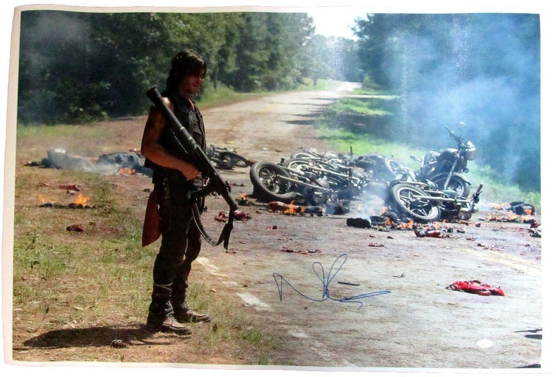 Norman Reedus Signed Walking Dead 36x24 Canvas Print JSA Authenticated: Norman Reedus Signed Walking Dead 36x24 Canvas Print JSA Authenticated This impressive 36x24 canvas print features an authentic autograph from Norman Reedus, renowned for his role in "The Walking Dead