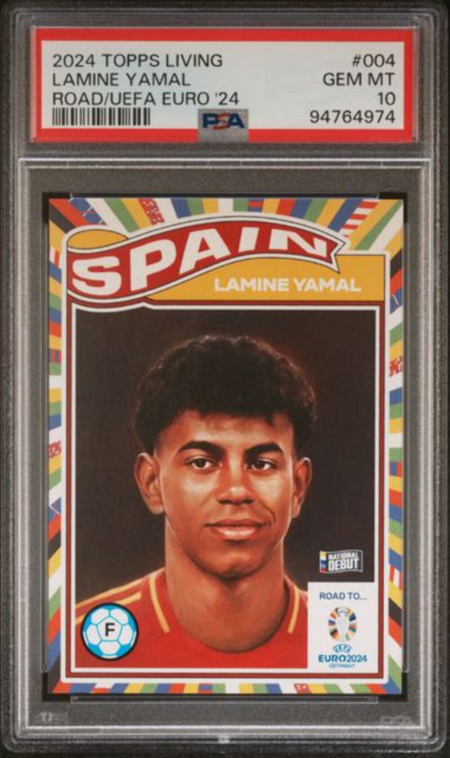 Graded 2024 Topps UEFA Lamine Yamal #004 RC Soccer Card PSA 10: Graded 2024 Topps UEFA Lamine Yamal #004 RC Soccer Card PSA 10 Invest in a remarkable piece of sports memorabilia with this graded 2024 Topps Living Road to UEFA Lamine Yamal #004 rookie card. This ca