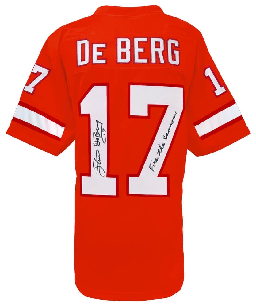Steve DeBerg Signed Tampa Bay Buccaneers Jersey Fire The Cannons COA: Steve DeBerg Signed Tampa Bay Buccaneers Jersey Fire The Cannons COA This unique orange throwback custom football jersey is signed by former NFL player Steve DeBerg, known for his time with the Tampa 