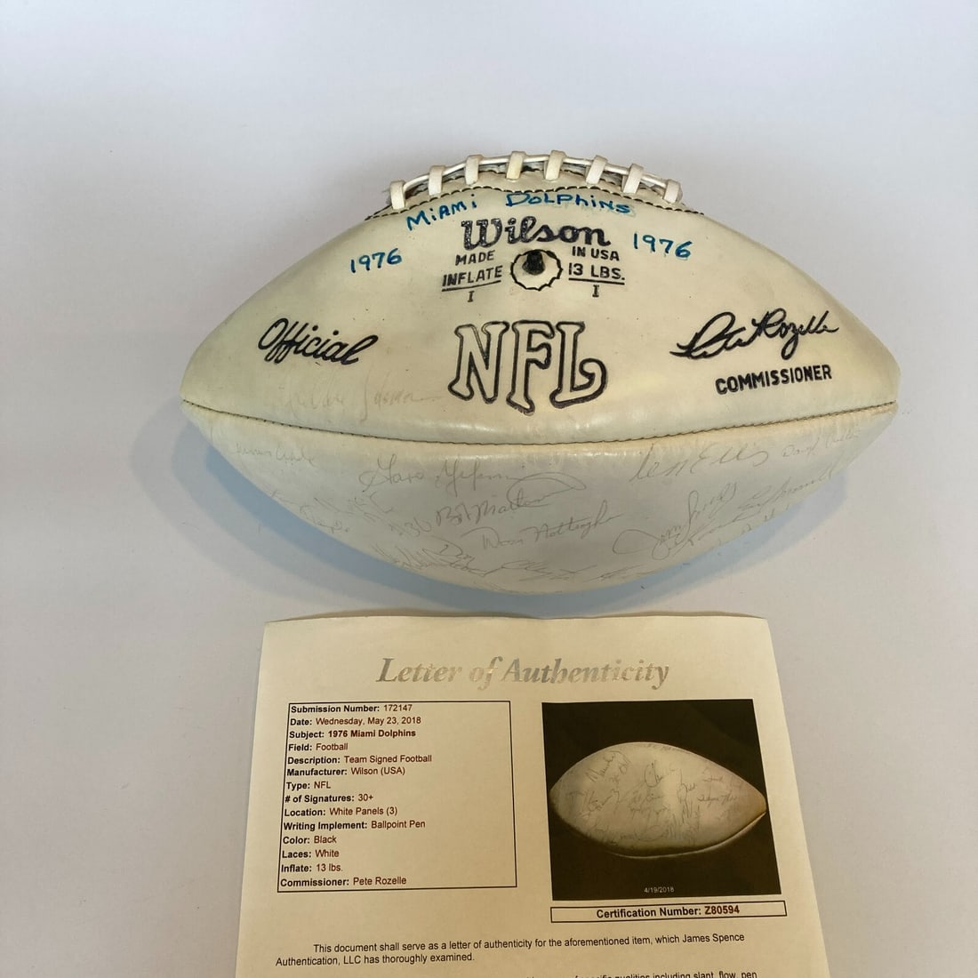1976 Miami Dolphins Signed Wilson Football with JSA Authentication (1 of 9)