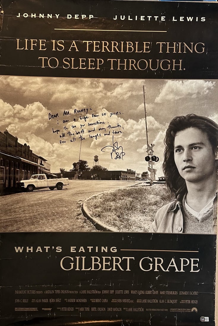 Johnny Depp Signed What's Eating Gilbert Grape Poster Inscribed to Mickey Rooney Beckett (1 of 1)