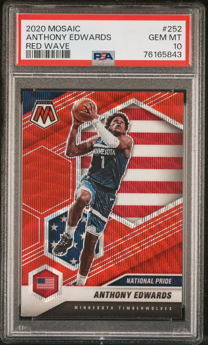 2020 Mosaic Anthony Edwards #252 Red Wave Rookie Card PSA 10: 2020 Mosaic Anthony Edwards #252 Red Wave Rookie Card PSA 10 This is a graded 2020 Mosaic Anthony Edwards #252 Red Wave Rookie Basketball Card, awarded a perfect PSA 10 grade. The card showcases the M