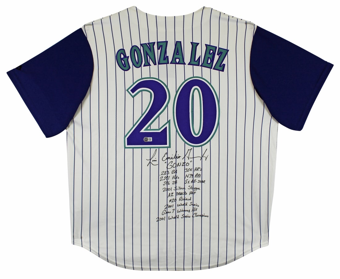 Luis Gonzalez Signed White Pinstripe Majestic Jersey with Career Stats BAS Authenticated: Luis Gonzalez Signed White Pinstripe Majestic Jersey with Career Stats BAS Authenticated Celebrate the legacy of Luis Gonzalez with this original, autographed white pinstripe Majestic Cool Base jersey