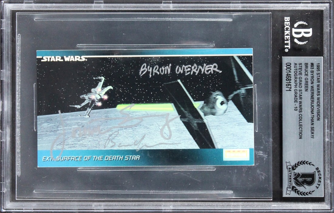 1995 Star Wars Widevision #93 Card Signed by Werner Seay Green Gem Mint 10 BAS Authenticated: 1995 Star Wars Widevision #93 Card Signed by Werner Seay Green Gem Mint 10 BAS Authenticated This is a 1995 Star Wars Widevision #93 card, personally signed by Byron Werner, Jonathan Seay, and Bruce G