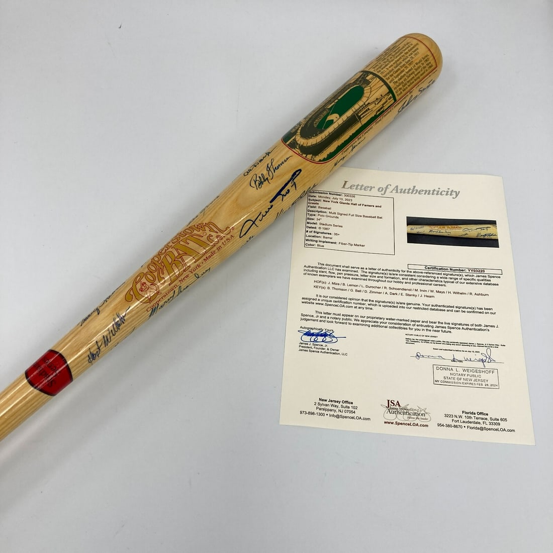 Willie Mays Multi Signed Polo Grounds Bat with JSA Authentication: Willie Mays Multi Signed Polo Grounds Bat with JSA Authentication Celebrate the legacy of baseball with this stunning "Polo Grounds" commemorative bat, featuring the signatures of (45) legendary playe