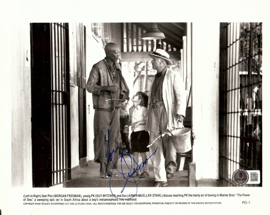 Morgan Freeman Autographed 8X10 Photo The Power of One Beckett Authenticated: Morgan Freeman Autographed 8X10 Photo The Power of One Beckett Authenticated This exquisite 8X10 photograph of Morgan Freeman, featuring his signature, is a must-have for any collector. The photo is a