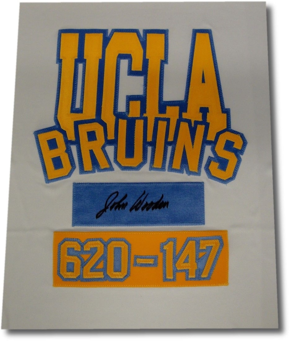 John Wooden Autographed 12X14 Jersey Swatch UCLA Bruins Hall of Fame Certified: John Wooden Autographed 12X14 Jersey Swatch UCLA Bruins Hall of Fame Certified This is an original autographed jersey swatch measuring approximately 12" x 14" from the legendary coach John Wooden, rep