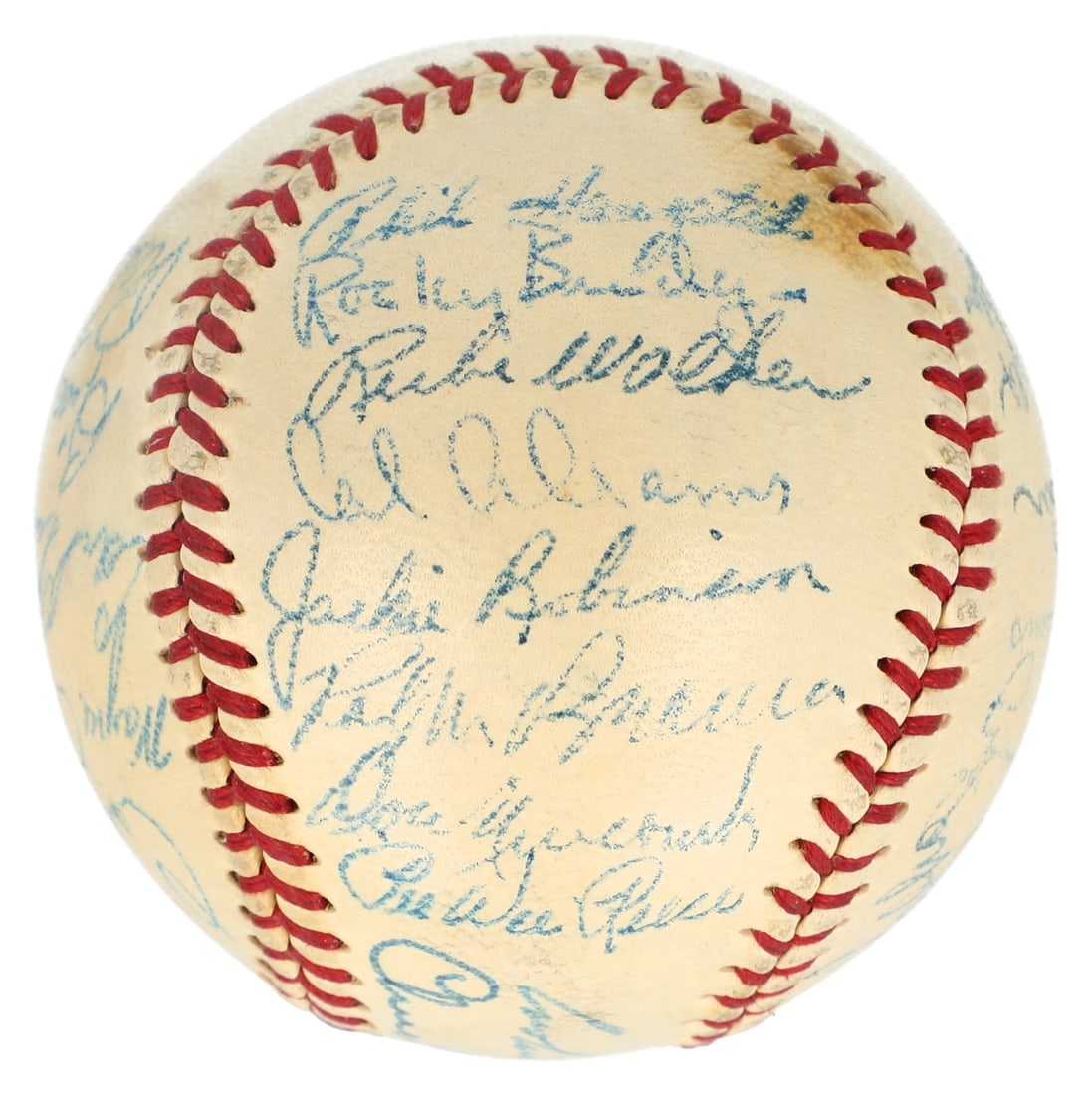 1951 Brooklyn Dodgers Team Signed Baseball with Jackie Robinson Beckett COA: 1951 Brooklyn Dodgers Team Signed Baseball with Jackie Robinson Beckett COA This remarkable Official American League (Harridge) baseball features the authentic signatures of 26 members of the historic