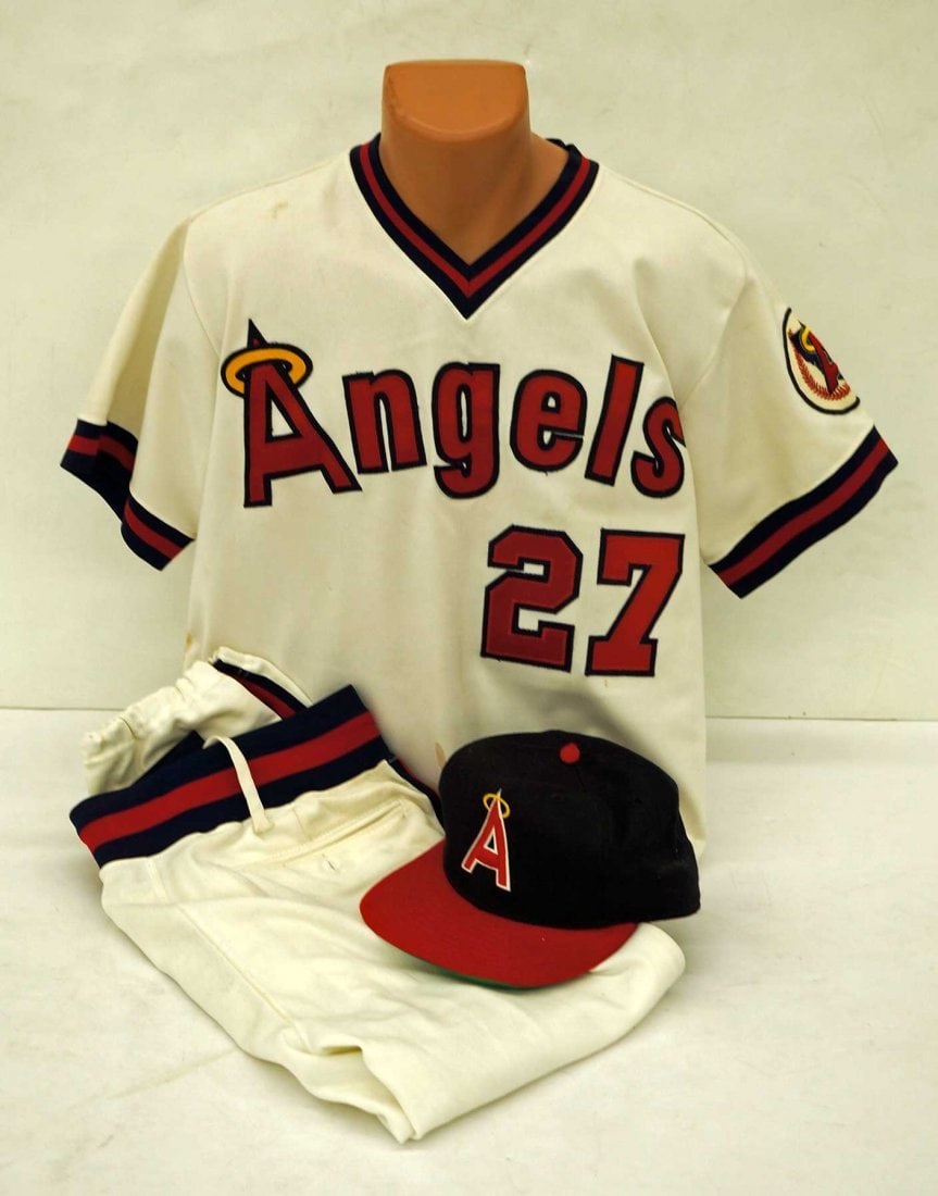 1985 Bubba Morton Game Used California Angels Jersey Pants Cap: 1985 Bubba Morton Game Used California Angels Jersey Pants Cap This rare 1985 Bubba Morton game-used California Angels uniform includes a jersey, pants, and cap, showcasing significant wear from gamep