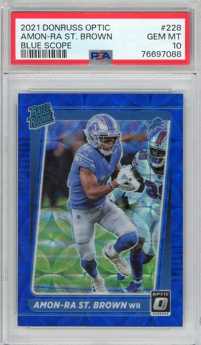 2021 Donruss Optic Amon-Ra St. Brown #228 Blue Scope PSA 10 Football Card (1 of 2)