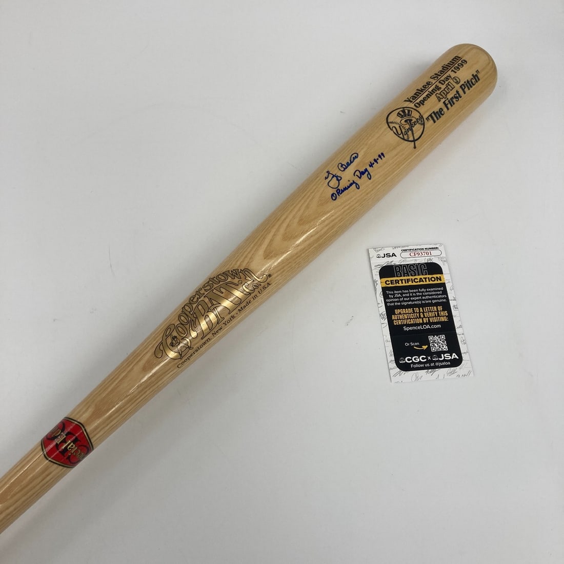 Yogi Berra Signed Inscribed 1999 Opening Day Bat JSA COA: Yogi Berra Signed Inscribed 1999 Opening Day Bat JSA COA Celebrate baseball history with this rare Yogi Berra signed and inscribed 1999 Opening Day First Pitch Baseball Bat. This authentic item featur