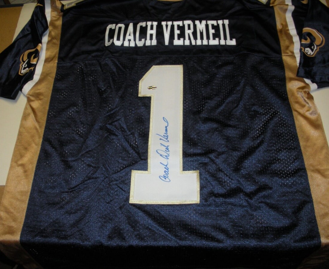 Dick Vermeil Signed St Louis Rams Nike Jersey with COA: Dick Vermeil Signed St Louis Rams Nike Jersey with COA This official licensed Nike jersey features the signature of Dick Vermeil, the renowned coach of the St. Louis Rams. It is a great collectible it