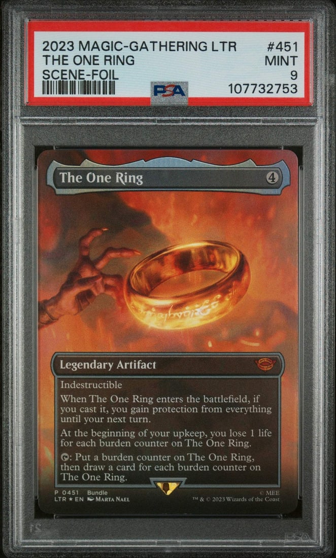 Graded 2023 Magic The Gathering The One Ring Foil PSA 9 Card: Graded 2023 Magic The Gathering The One Ring Foil PSA 9 Card Presenting the 2023 Magic The Gathering The One Ring Foil #LOTR Card, expertly graded at PSA 9, ensuring its excellent condition. This orig