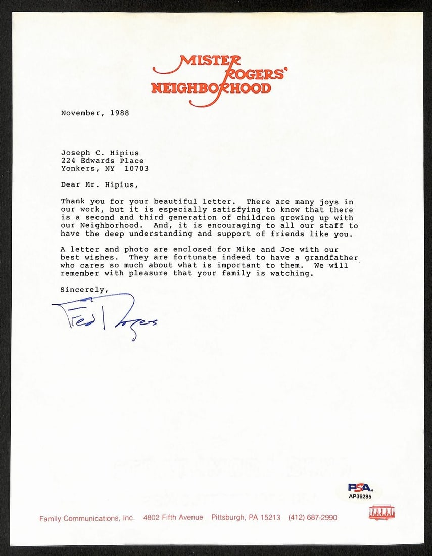 Fred Rogers Autographed Typed Letter 1988 PSA/DNA Authentication (1 of 1)