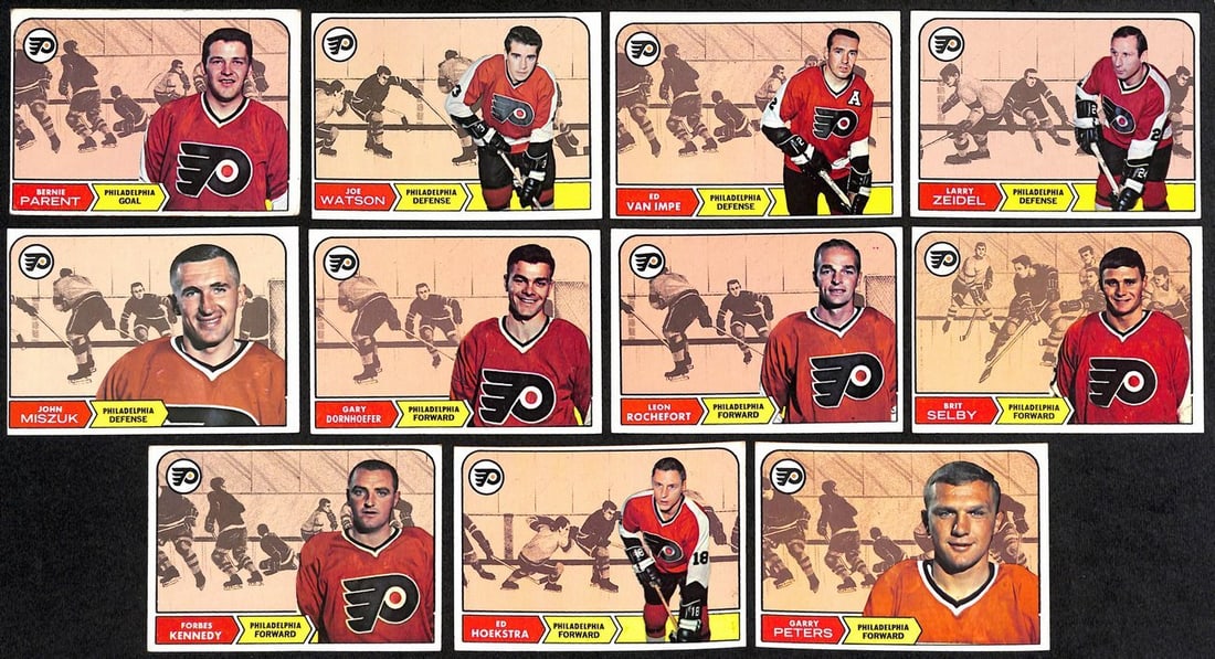 1968-69 Topps Philadelphia Flyers Complete Team Set 11/11 with Bernie Parent RC: 1968-69 Topps Philadelphia Flyers Complete Team Set 11/11 with Bernie Parent RC This listing features a complete 1968-69 Topps Philadelphia Flyers Team Set, consisting of all 11 cards, including the h