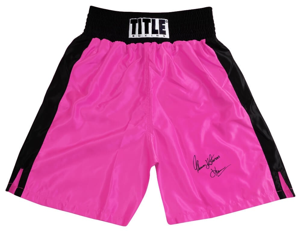 Thomas Hearns Signed Boxing Trunks Pink Black Trim Hitman SS COA (1 of 1)