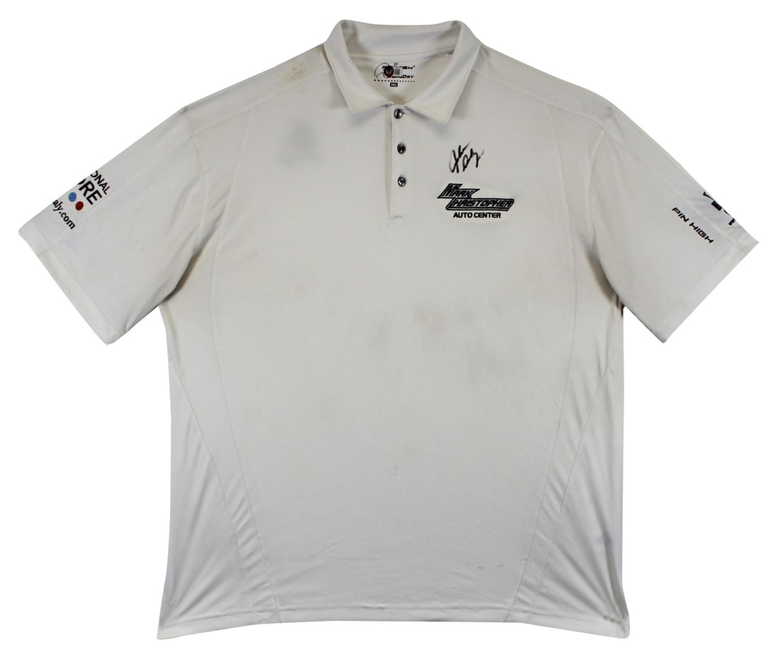 John Daly Signed Match Worn White Pinstripe Polo Shirt BAS Authenticated: John Daly Signed Match Worn White Pinstripe Polo Shirt BAS Authenticated This authentic match-worn polo shirt, personally signed by professional golfer John Daly, is a unique collectible for any golf