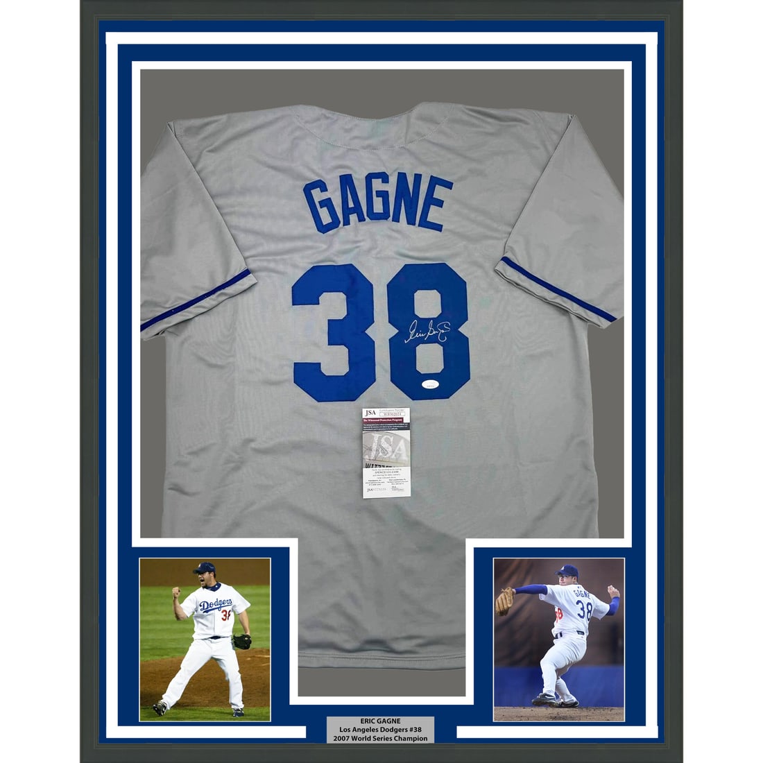 Framed Eric Gagne Signed Jersey 35x39 Los Angeles Dodgers JSA COA: Framed Eric Gagne Signed Jersey 35x39 Los Angeles Dodgers JSA COA This professionally framed and matted piece features an autographed Eric Gagne grey jersey from the Los Angeles Dodgers, measuring 35x