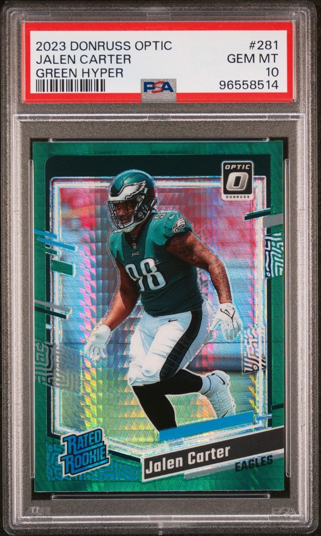 2023 Donruss Optic Jalen Carter #281 Green Hyper RC PSA 10 Football Card (1 of 2)