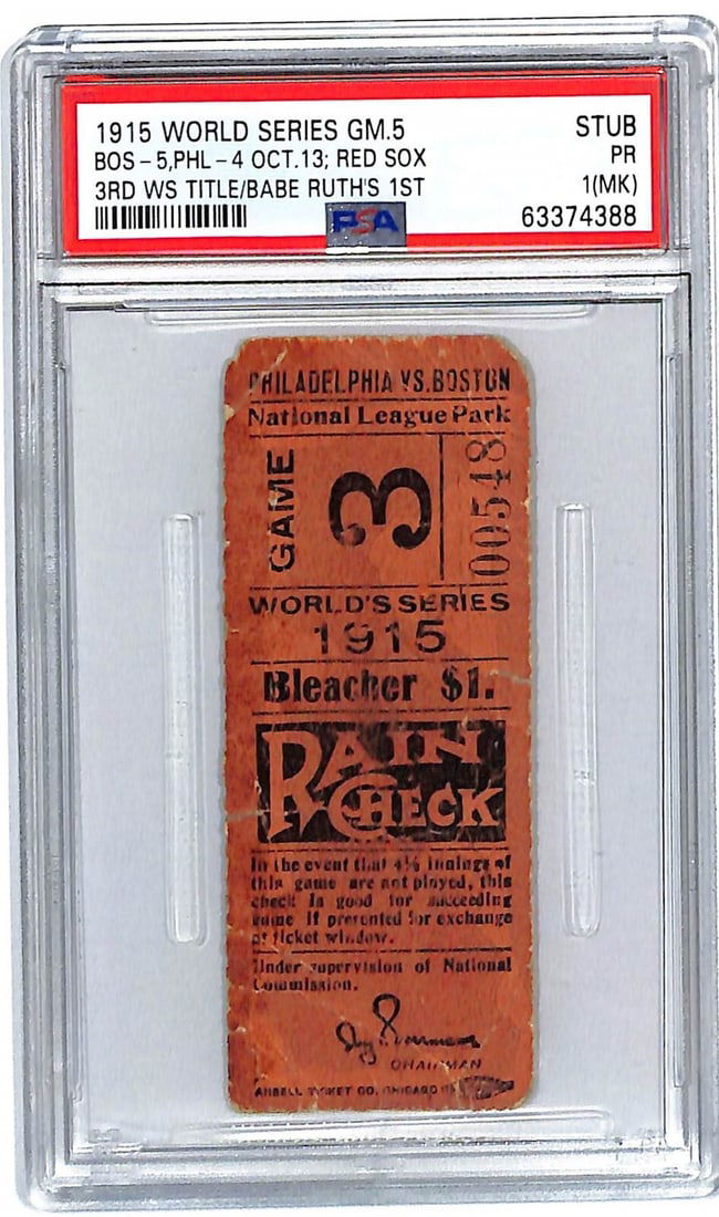1915 World Series Game 5 Ticket Stub Red Sox Phillies Babe Ruth PSA 1 (1 of 2)
