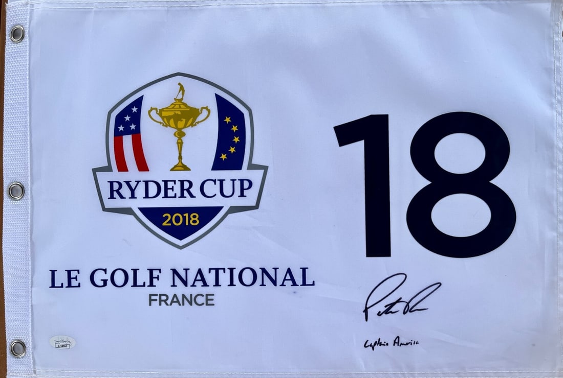 Patrick Reed 2018 Ryder Cup Pin Flag Signed Captain America JSA: Patrick Reed 2018 Ryder Cup Pin Flag Signed Captain America JSA This is an official 2018 Ryder Cup pin flag from Le Golf National in France, signed by professional golfer Patrick Reed. The flag featur
