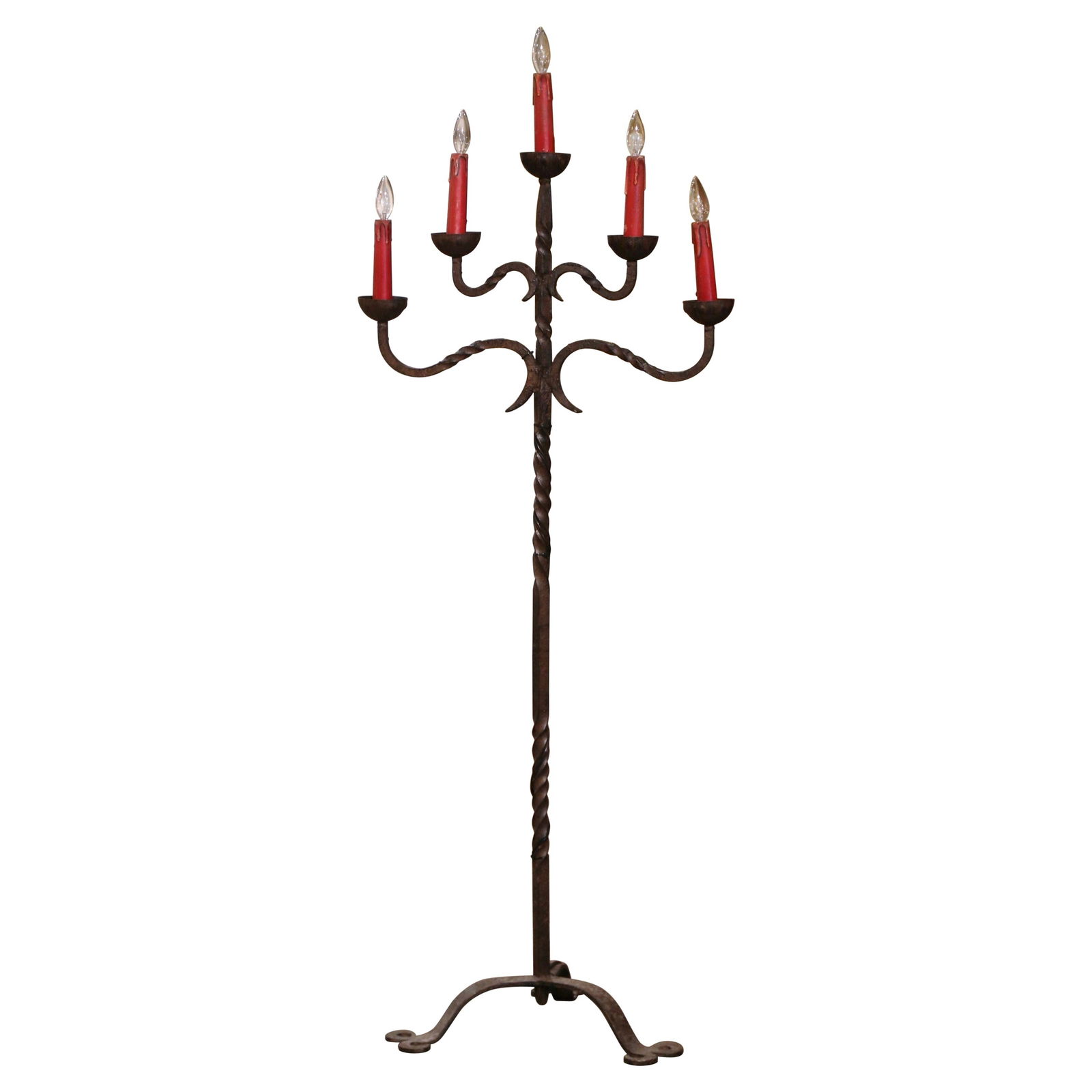 19th Century French Gothic Five-Light Floor Lamp in Forged Iron: 19th Century French Gothic Five-Light Floor Lamp in Forged Iron Illuminate your space with this stunning 19th Century French Gothic Forged Iron Floor Lamp. This elegant fixture stands at an impressive