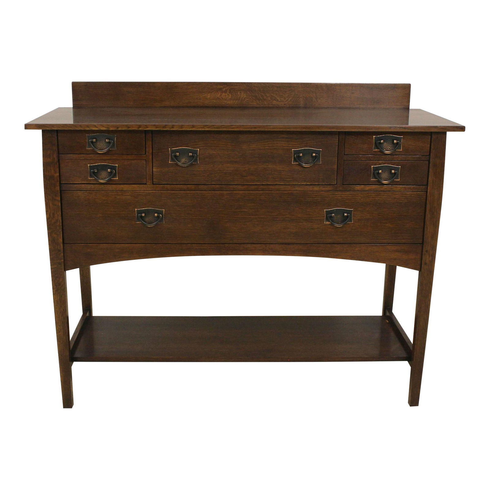 Stickley Mission Oak Arts & Crafts Sideboard with Hammered Copper Hardware: Stickley Mission Oak Arts & Crafts Sideboard with Hammered Copper Hardware This Stickley Mission Oak Arts & Crafts Sideboard, crafted around 1998, showcases exceptional quality and classic design. Mad