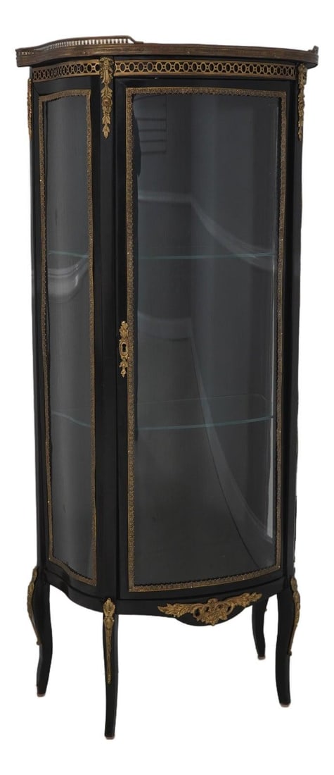 French Style Brass and Ebony Marble Top Curio Vitrine Cabinet with Glass Panels: French Style Brass and Ebony Marble Top Curio Vitrine Cabinet with Glass Panels This vintage Louis XV style vitrine curio cabinet features a brass gallery top, a high-quality construction, and a black