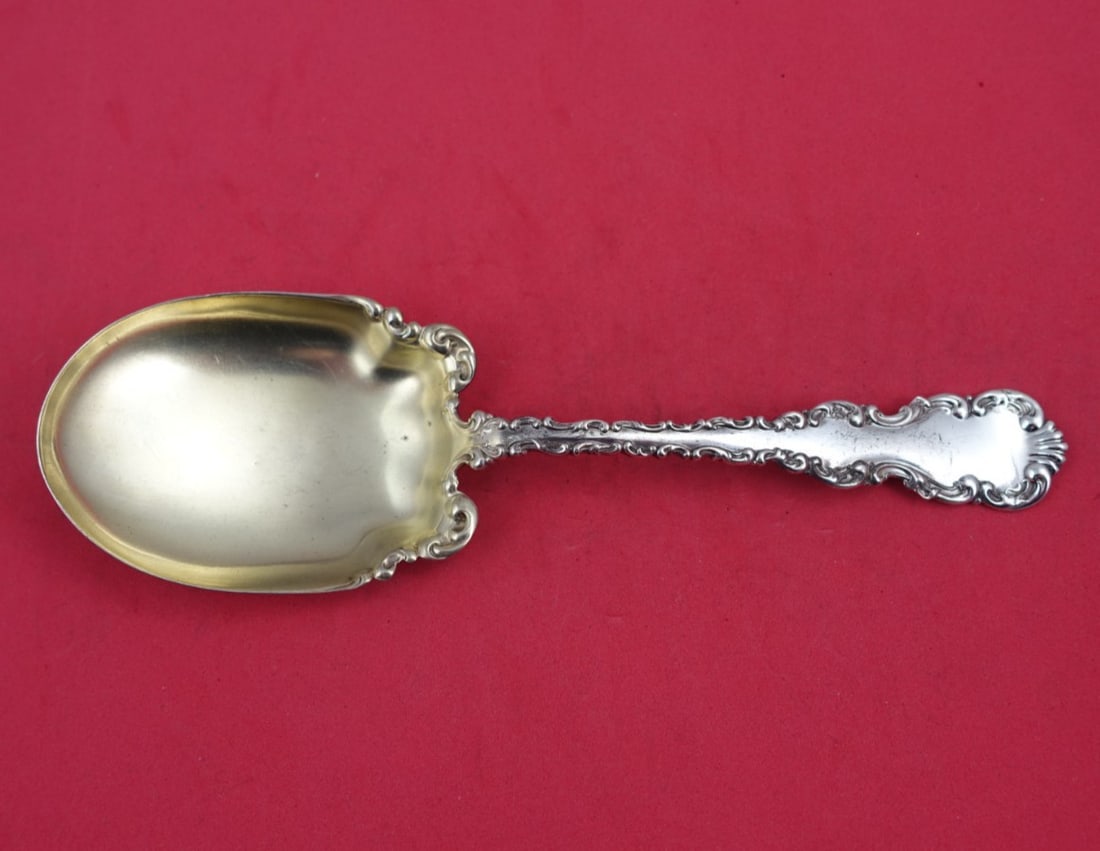 Whiting-Gorham Louis XV Sterling Silver Preserve Spoon Gold Wash 8": Whiting-Gorham Louis XV Sterling Silver Preserve Spoon Gold Wash 8" This exquisite preserve spoon, crafted in the elegant Louis XV pattern by Whiting-Gorham, showcases a refined design typical of the