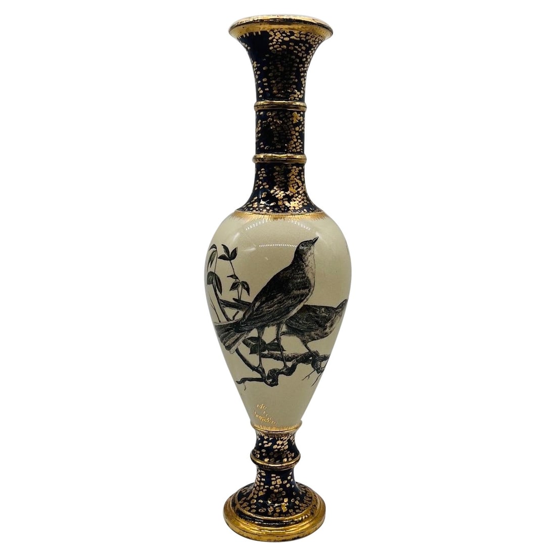 Circa 1879 Fannie M Banks Cincinnati Pottery Club Sparrow Vase: Circa 1879 Fannie M Banks Cincinnati Pottery Club Sparrow Vase This exquisite antique vase, crafted circa 1879 by Mrs. Fannie M Banks for the Cincinnati Pottery Club, stands at a height of 17 inches (