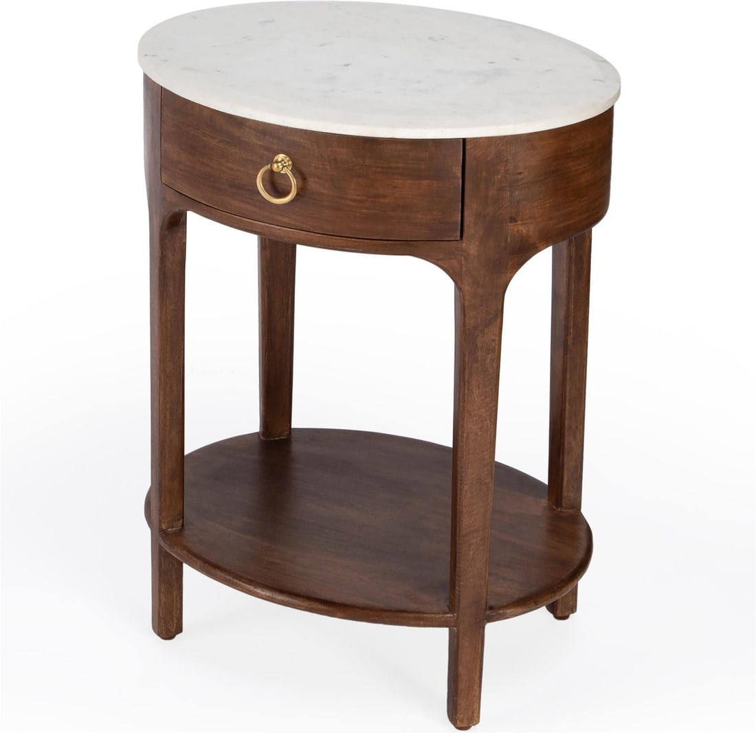 Butler Ellen Mid-Century Nightstand in Medium Brown Mango Wood: Butler Ellen Mid-Century Nightstand in Medium Brown Mango Wood Introducing the Butler's Ellen Nightstand, a stunning piece that embodies Mid-Century style. Crafted from a blend of mango wood, marble,