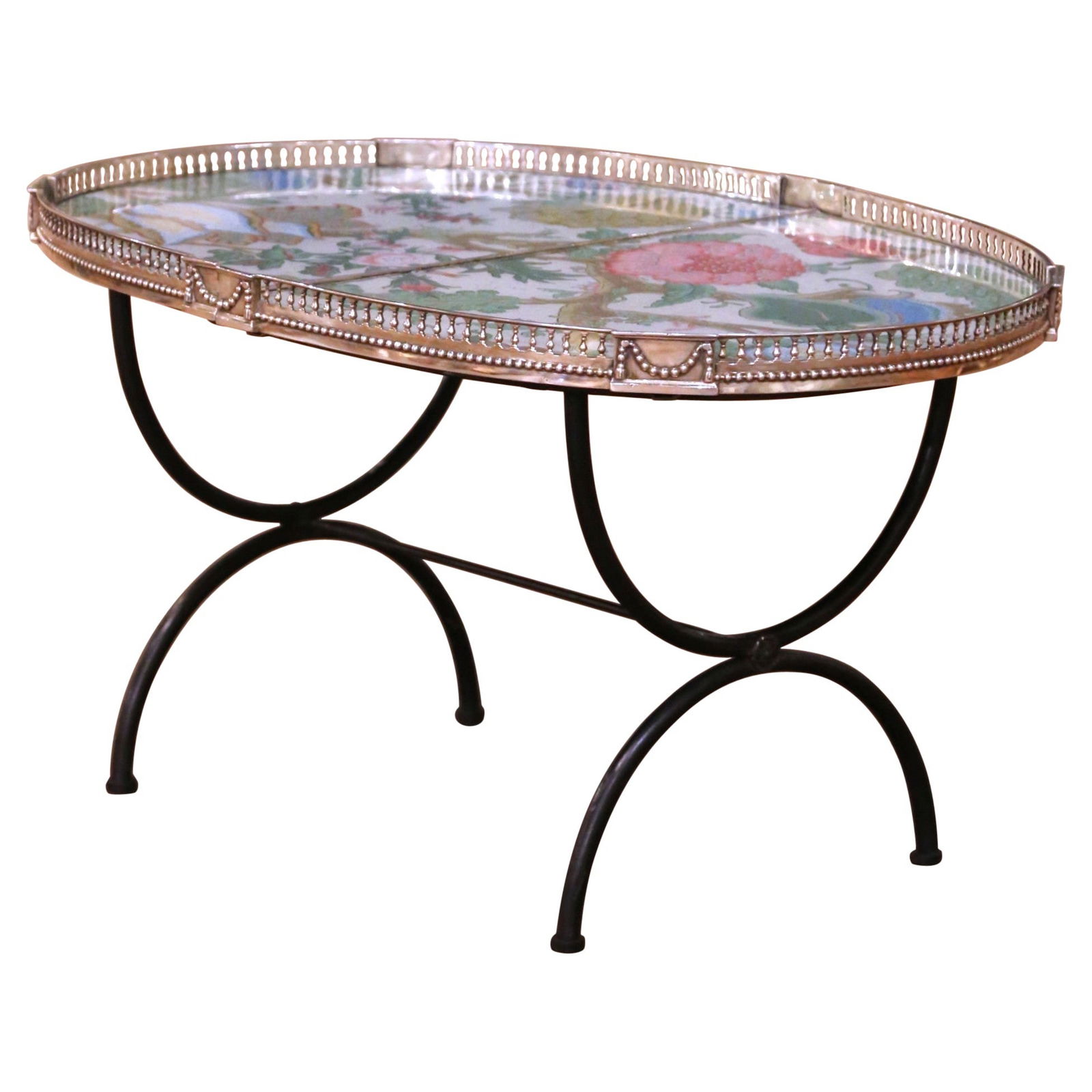 Belle Epoque French Oval Coffee Table With Silvered Copper Gallery Circa 1920: Belle Epoque French Oval Coffee Table With Silvered Copper Gallery Circa 1920 This early 20th century French oval coffee table, dating to circa 1920, exemplifies Belle Epoque style with Louis XV reviv