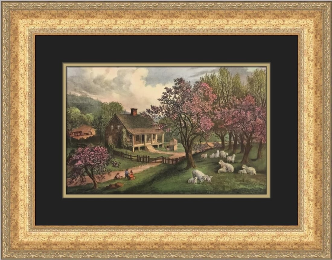 Currier & Ives American Homestead-Spring Framed Print 1952: Currier & Ives American Homestead-Spring Framed Print 1952 This exquisite print titled "American Homestead-Spring" by Currier & Ives captures the essence of Romanticism, showcasing a serene landscape 