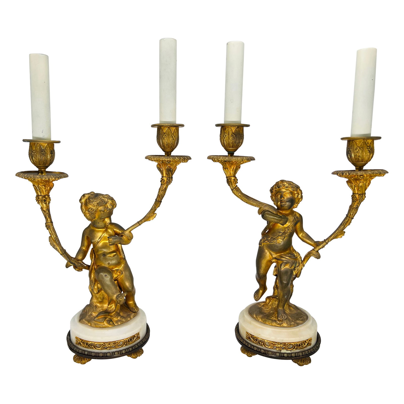 Electrified Pair of Gilt Bronze Louis XVI Style Putti Candlestick Lamps (1 of 10)