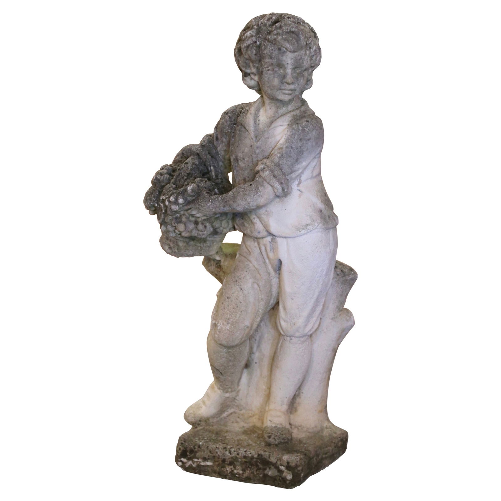 Neoclassical French Garden Statue Young Boy with Grapes Circa 1920: Neoclassical French Garden Statue Young Boy with Grapes Circa 1920 Enhance your garden or patio with this exquisite early 20th century French stone garden statue. Crafted from hand-carved cast stone a